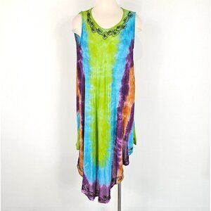 Fashque Tie Dye Bohemian Midi Dress Womens Free Size Embroidered Sleeveless Boho